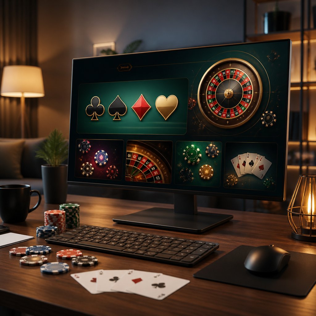 A modern desktop gaming setup with a monitor showing an abstract online casino interface, surrounded by poker chips and playing cards.