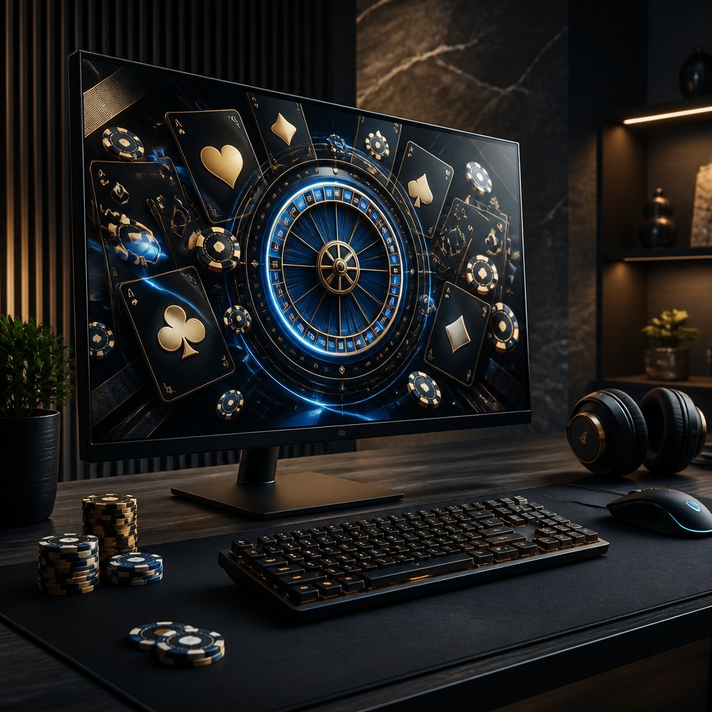 A modern computer setup displays an abstract online casino game interface beside poker chips and headphones.