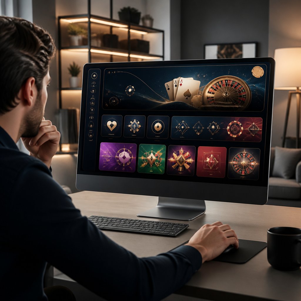 A person explores a modern online casino interface on a desktop monitor in a softly lit room.