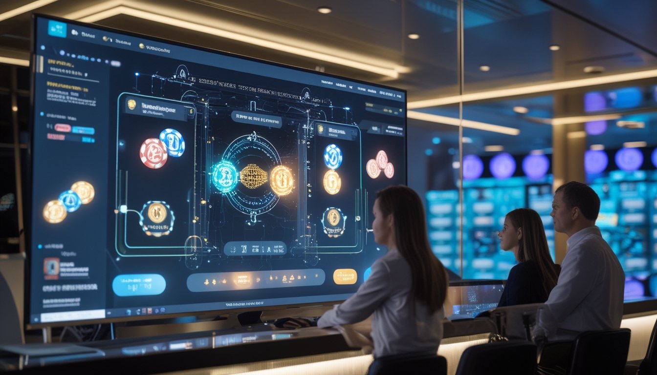 Teknologi blockchain divisualisasikan sebagai jaringan data transparan yang mendukung permainan kasino online yang adil dan aman.