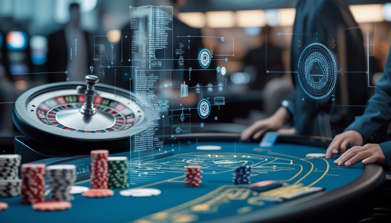 Lingkungan kasino online modern dengan permainan kasino dan jaringan blockchain transparan yang melambangkan keamanan serta keadilan.