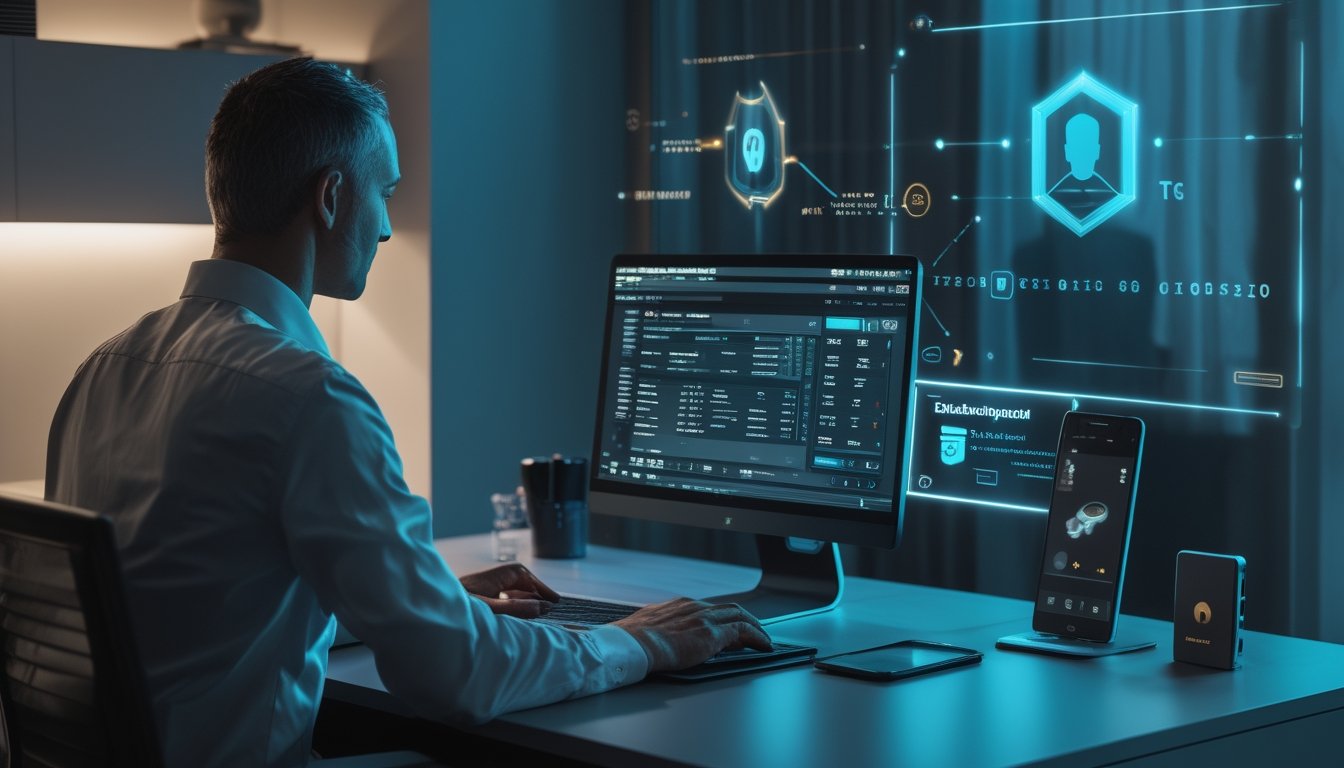 Seseorang menggunakan laptop dengan perlindungan digital dan simbol keamanan data di ruang kerja modern.