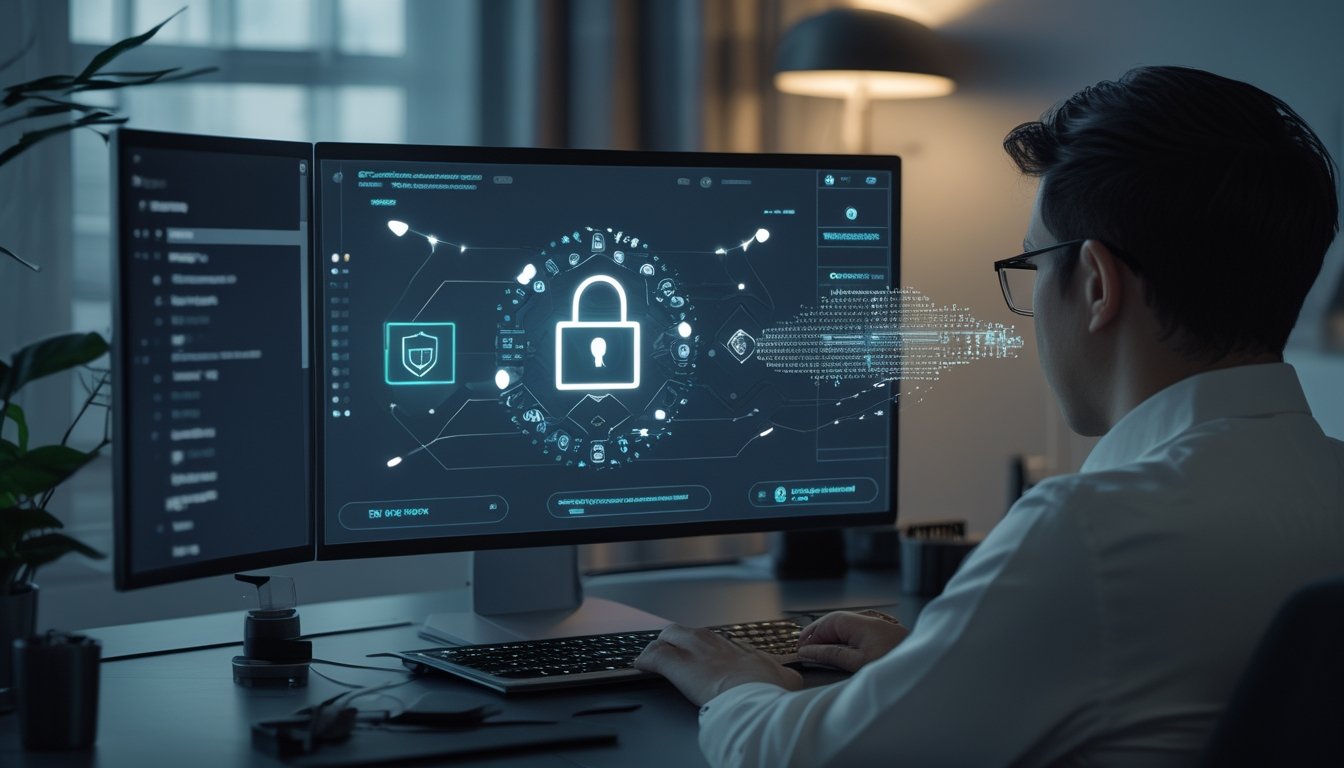 Seseorang menggunakan laptop di ruang privat dengan simbol perisai digital yang melindungi data dan aktivitas kasino kripto.