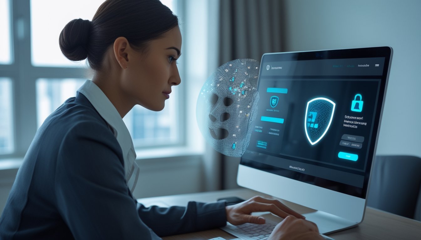 Seseorang menjalani verifikasi wajah biometrik melalui komputer untuk mengamankan login kasino online.
