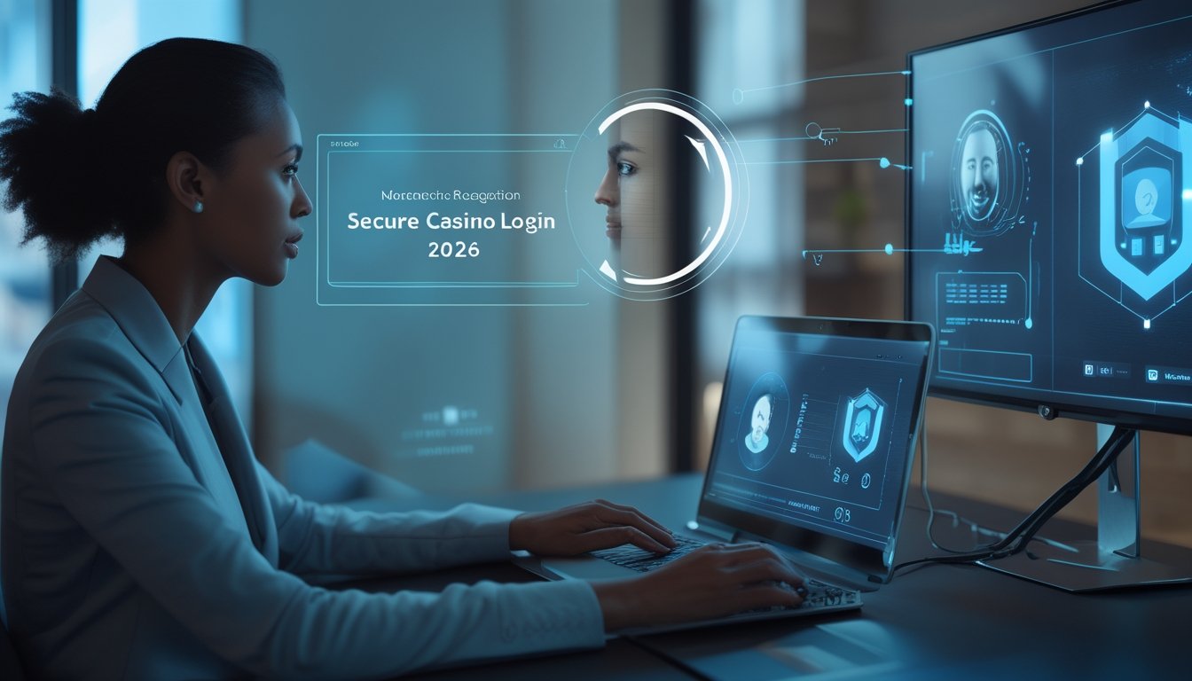 Seseorang menggunakan laptop dengan sistem pemindaian wajah biometrik untuk verifikasi login yang aman.