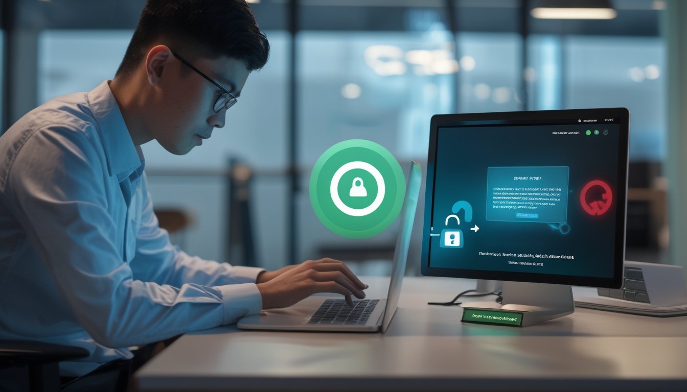 Seseorang memeriksa tautan mencurigakan di laptop dengan simbol keamanan dan peringatan di sekitarnya.