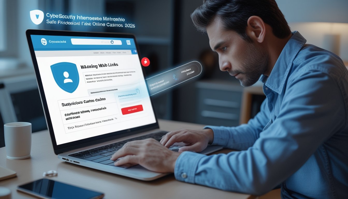 Seseorang memeriksa tautan mencurigakan di laptop dengan simbol peringatan dan perlindungan keamanan digital.