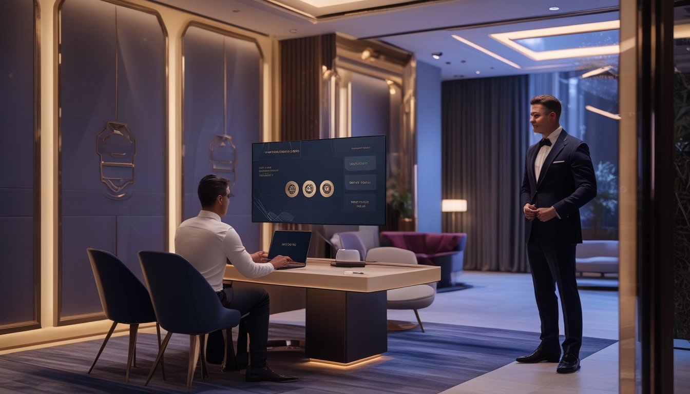 Seorang anggota VIP kasino menerima bantuan pribadi dari host di ruang lounge modern dan elegan.