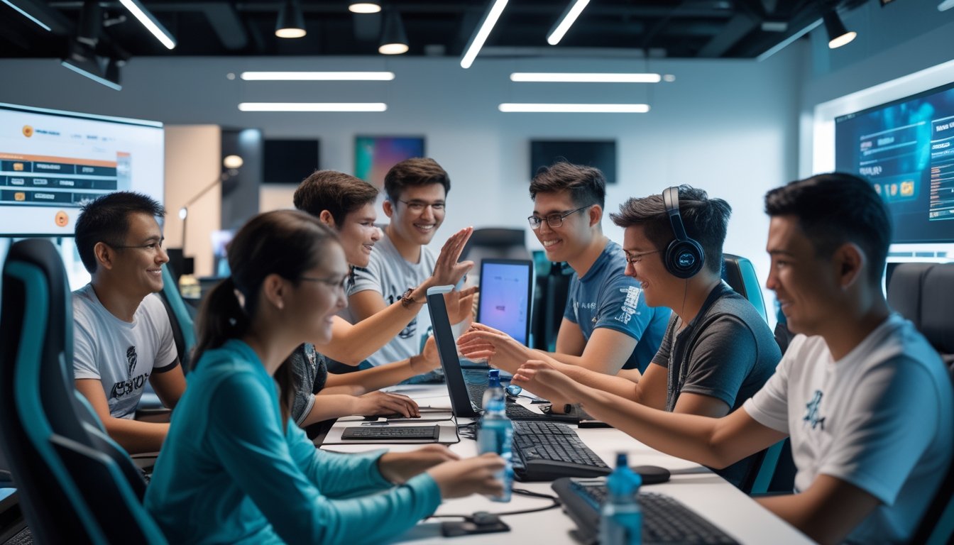 Sekelompok gamer dewasa yang beragam bermain dan berdiskusi secara ramah di ruang komunitas dengan komputer modern.