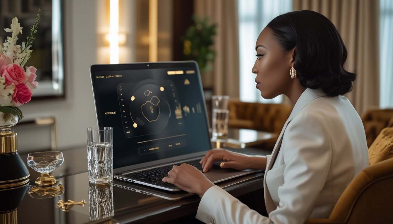 Seorang anggota VIP menikmati layanan premium di lounge kasino online yang elegan dengan laptop dan pendamping pribadi.