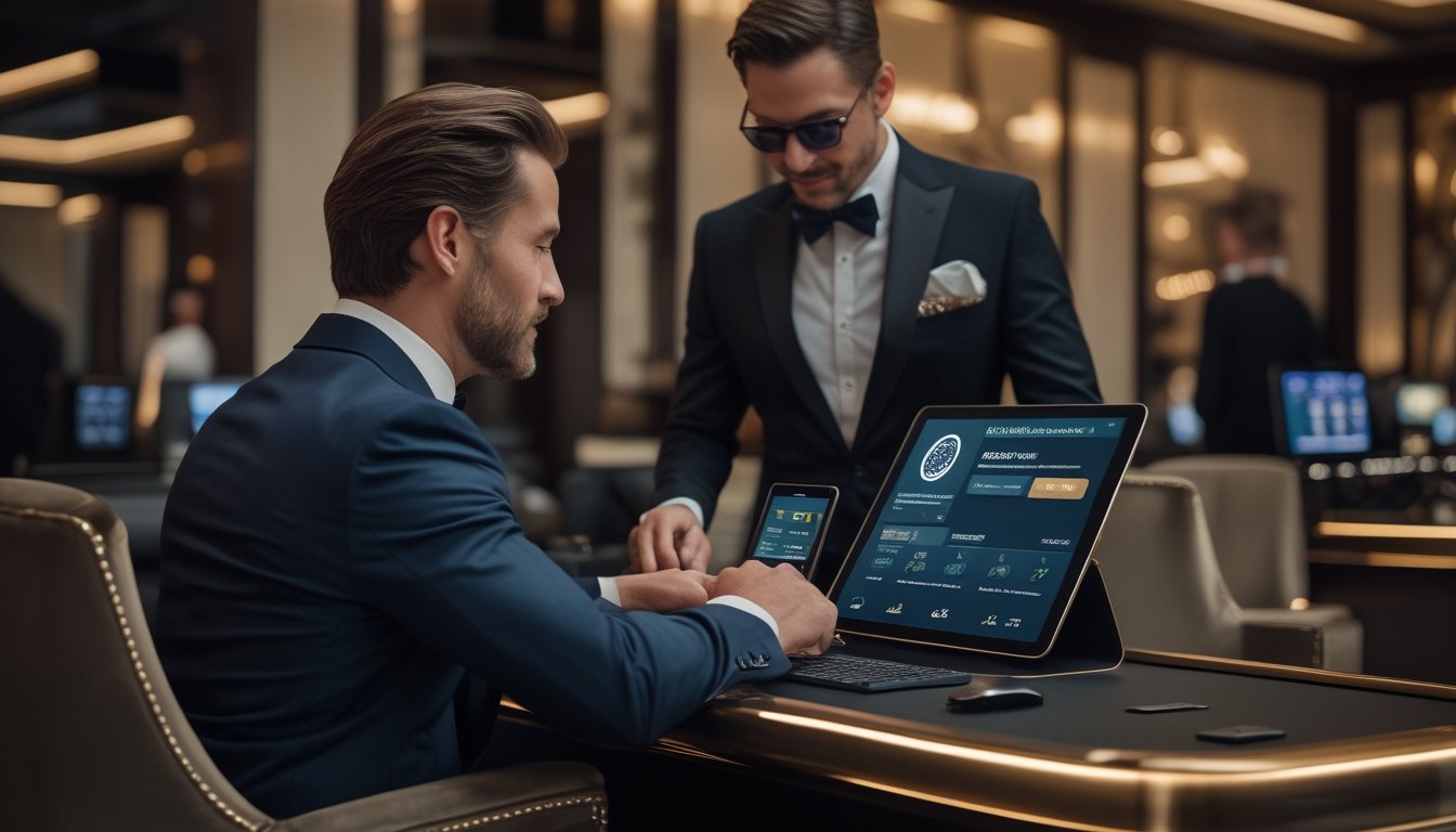 Seorang anggota VIP duduk di lounge kasino mewah sambil menggunakan tablet, dilayani oleh staf.