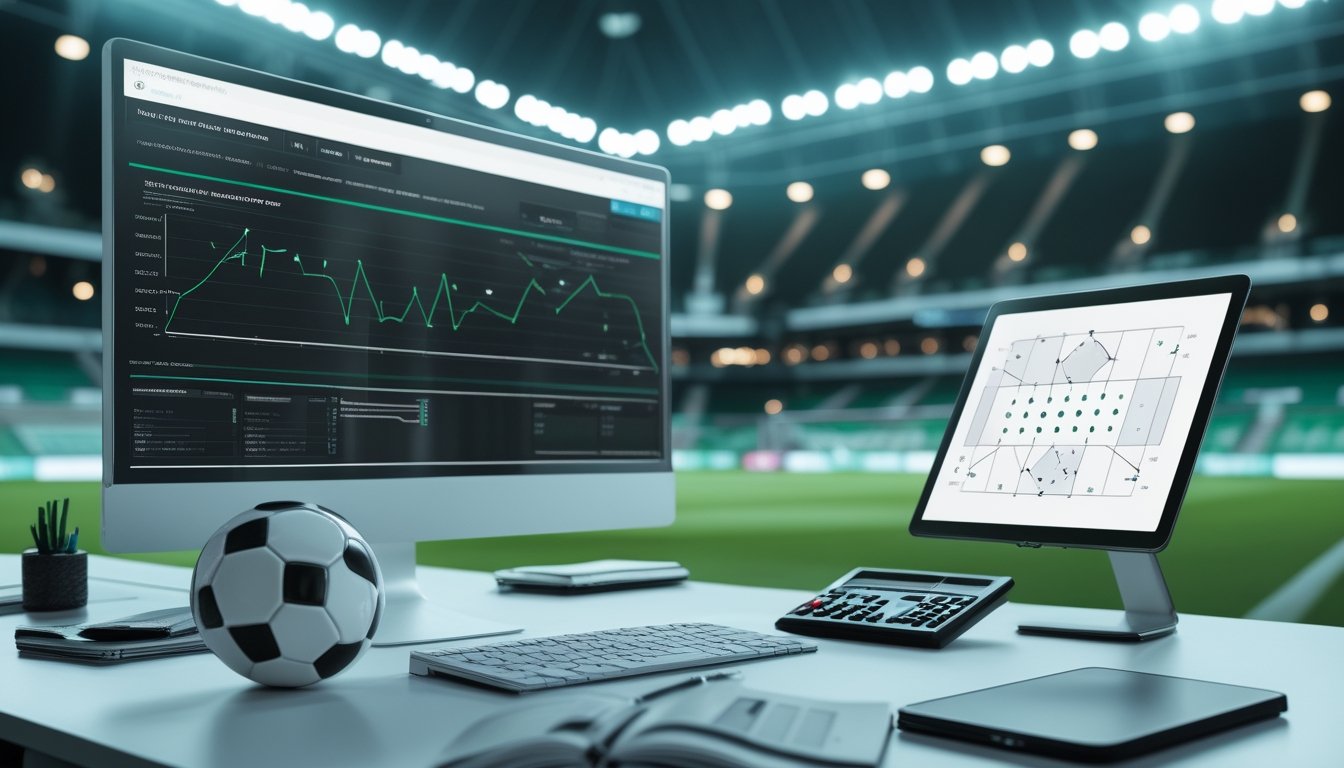Meja analisis olahraga dengan bola sepak, layar berisi grafik abstrak, dan stadion sepak bola yang tampak samar di latar belakang.