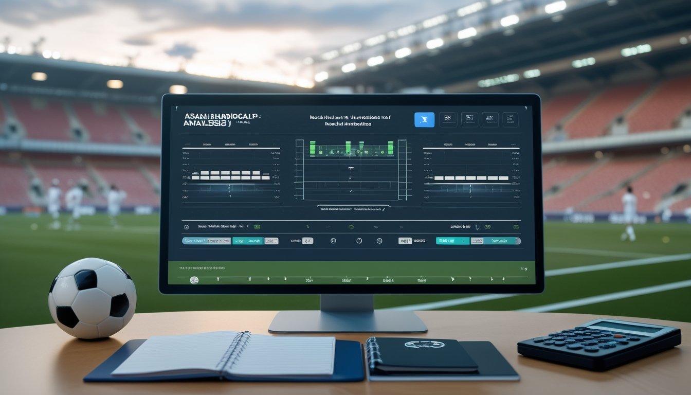 Ruang analisis sepak bola dengan bola, papan taktik, dan layar berisi grafik pertandingan abstrak di depan stadion.