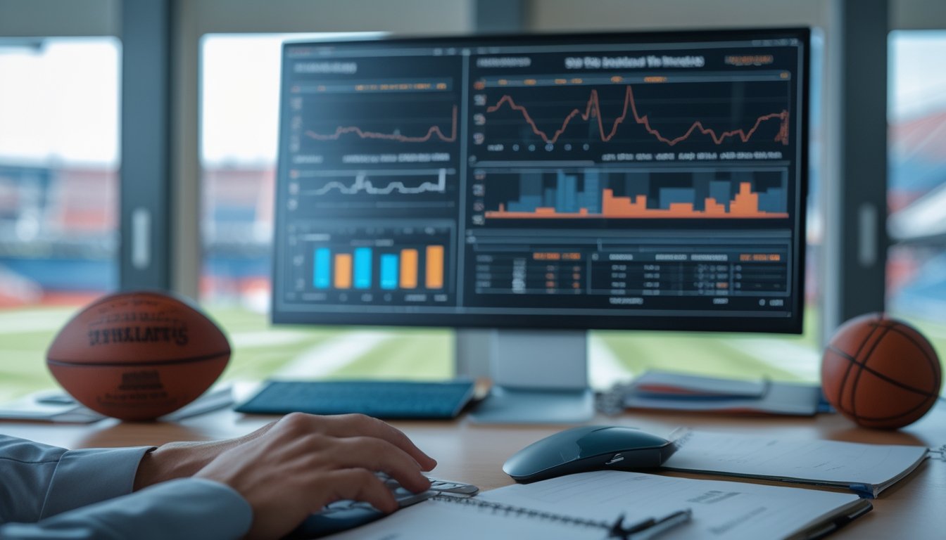 Analis sedang membandingkan data performa dua tim olahraga pada layar komputer di ruang kerja modern.