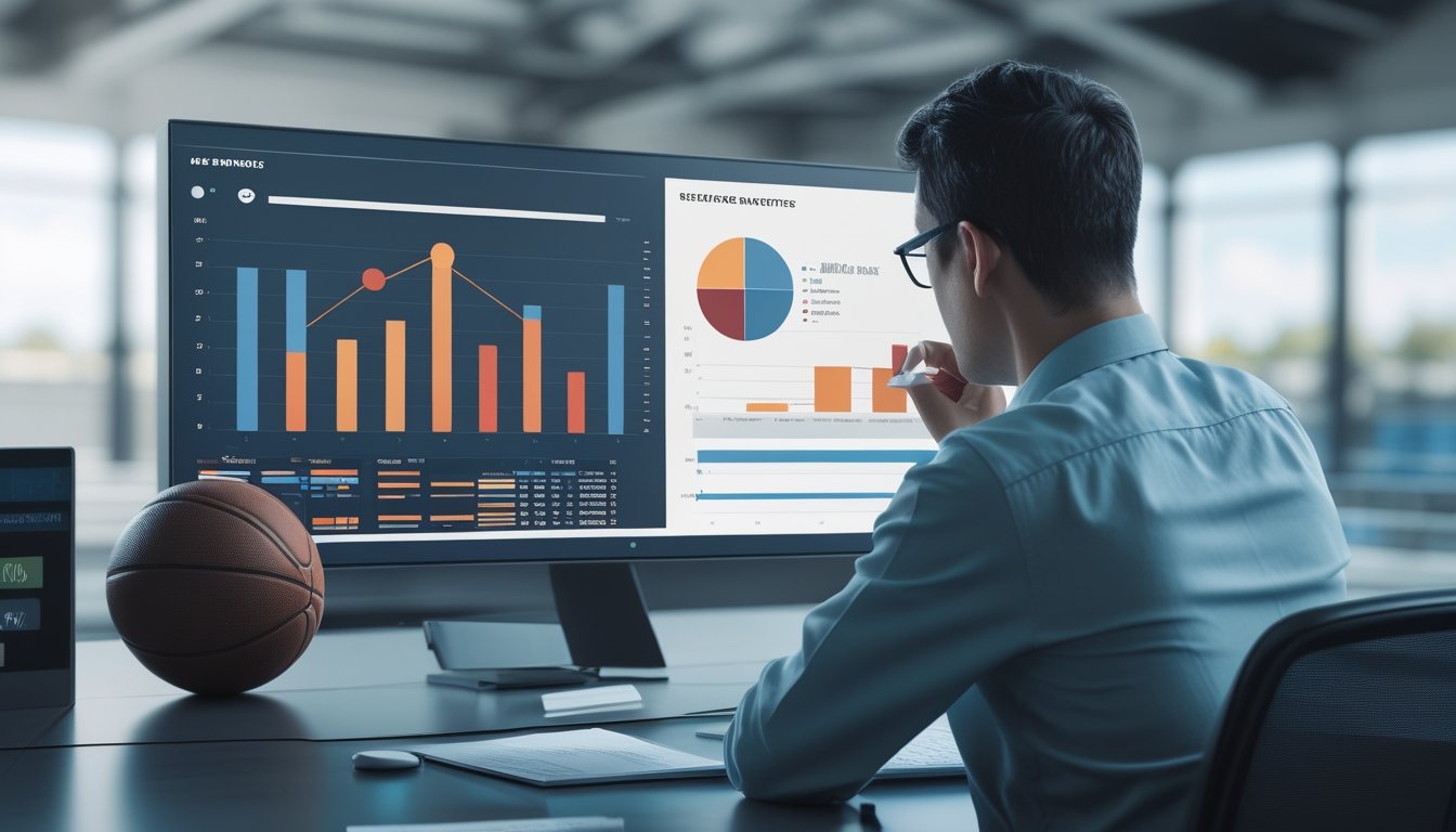 Analis memeriksa grafik perbandingan statistik dua tim olahraga di ruang kerja modern.