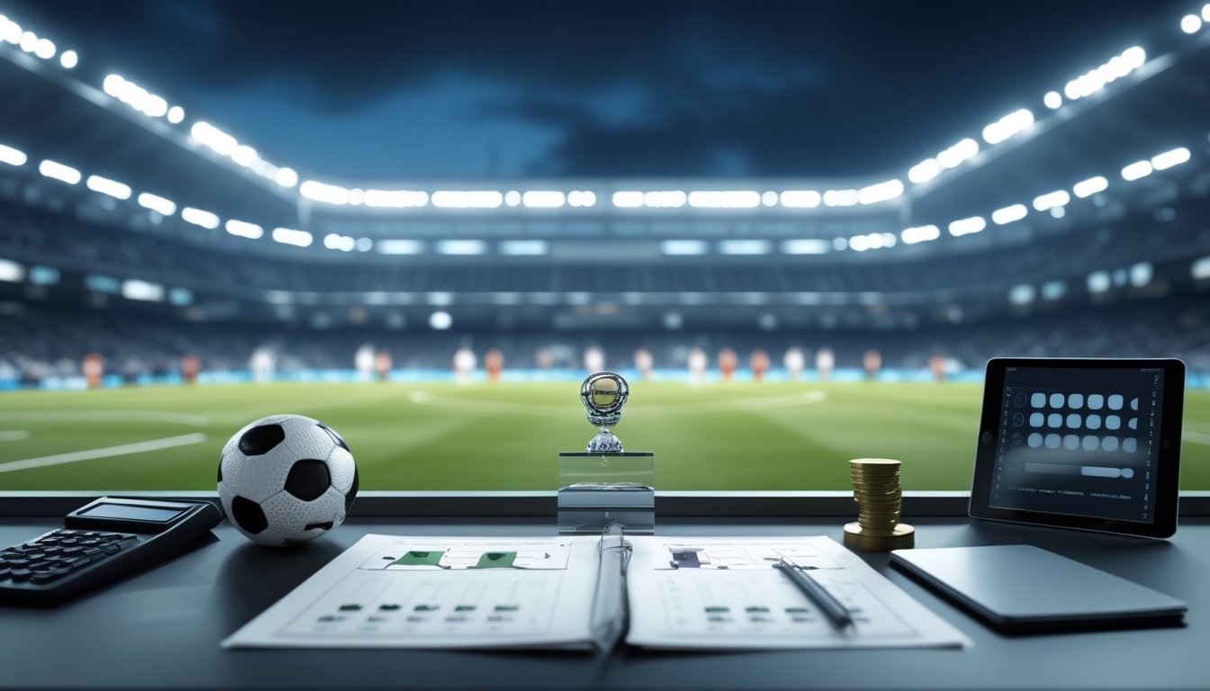 Meja analisis dengan bola sepak, data pertandingan, kalkulator, dan tablet di depan stadion sepak bola yang sedang menggelar pertandingan malam.