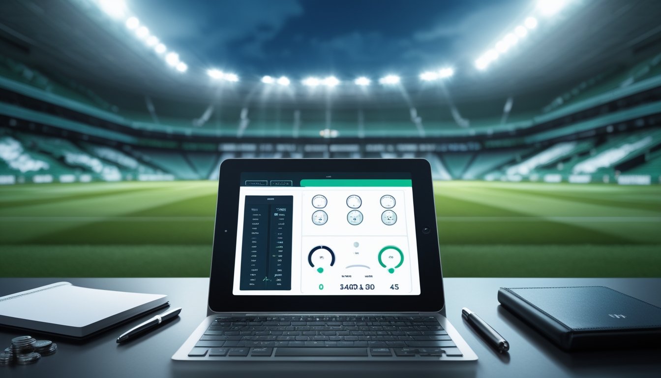 Meja analisis dengan perangkat statistik abstrak di depan stadion sepak bola yang terang pada malam hari.