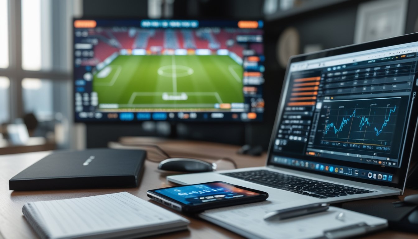Seorang analis mengamati pertandingan sepak bola sambil meninjau data pertandingan secara langsung di laptop dan tablet.