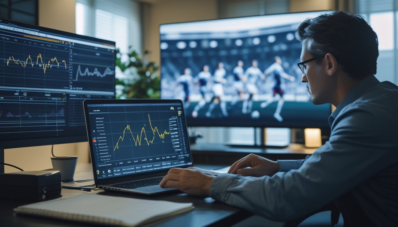 Seorang bettor menganalisis pertandingan sepak bola langsung menggunakan laptop dan tablet.