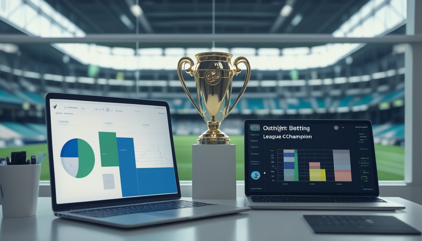 Meja analisis olahraga dengan trofi juara, laptop berisi grafik abstrak, dan stadion sepak bola di latar belakang.