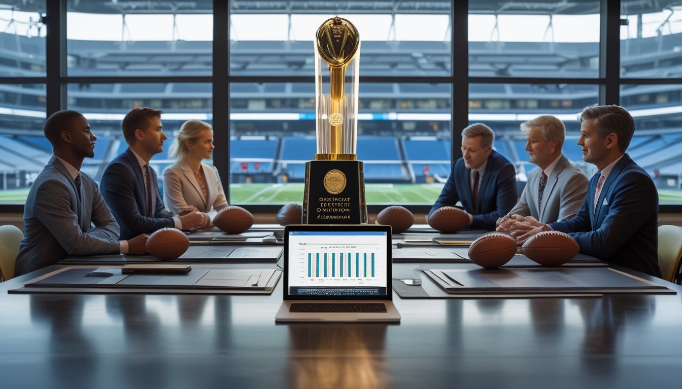 Analis olahraga membandingkan data tim di dekat trofi juara dengan stadion sepak bola di latar belakang.