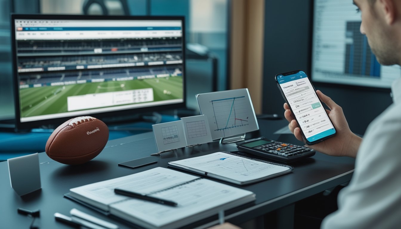 Seorang analis meninjau data pertandingan sepak bola di meja dengan bola, kalkulator, dan grafik.
