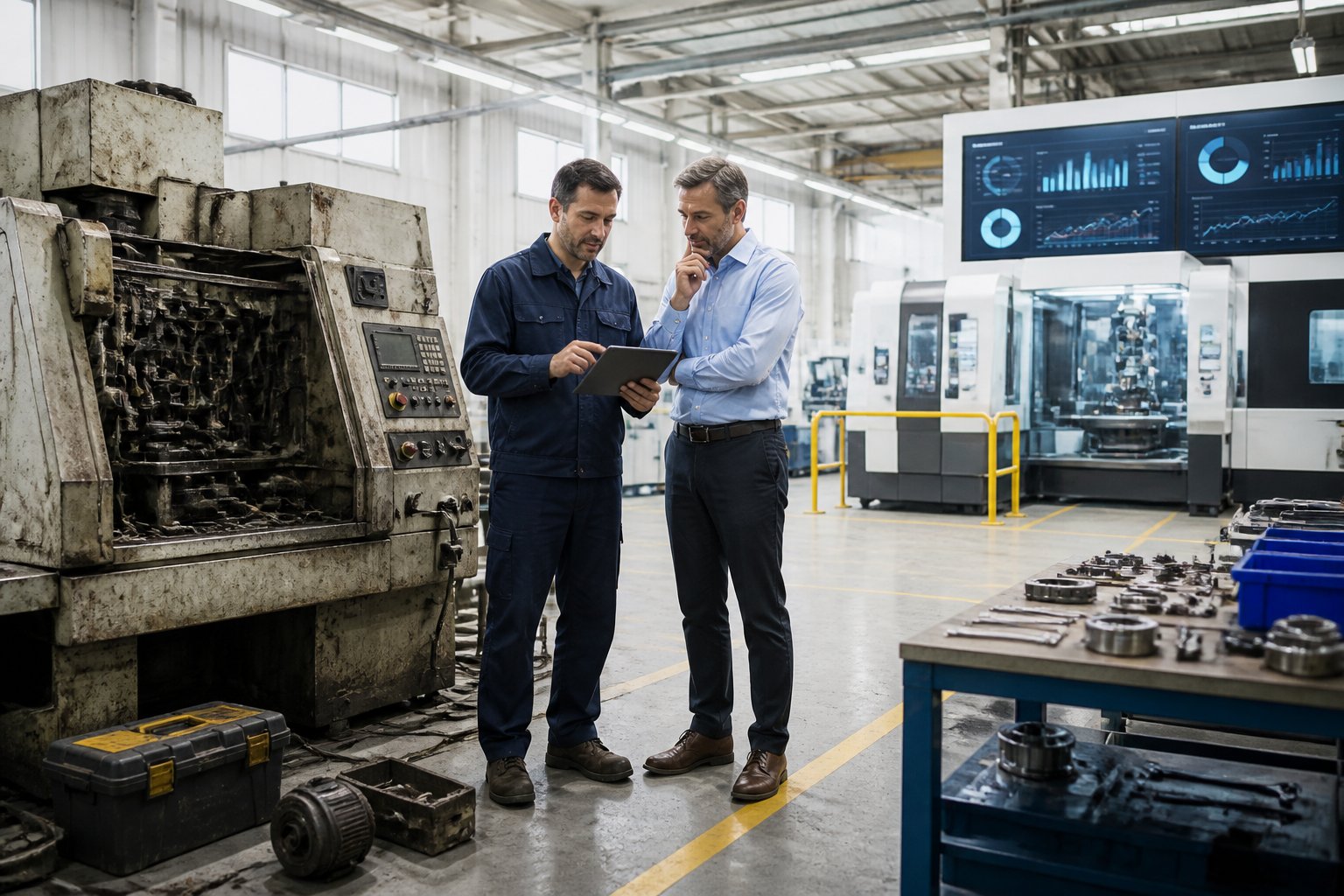A technician and manager assess aging industrial equipment beside a modern replacement machine in a workshop.