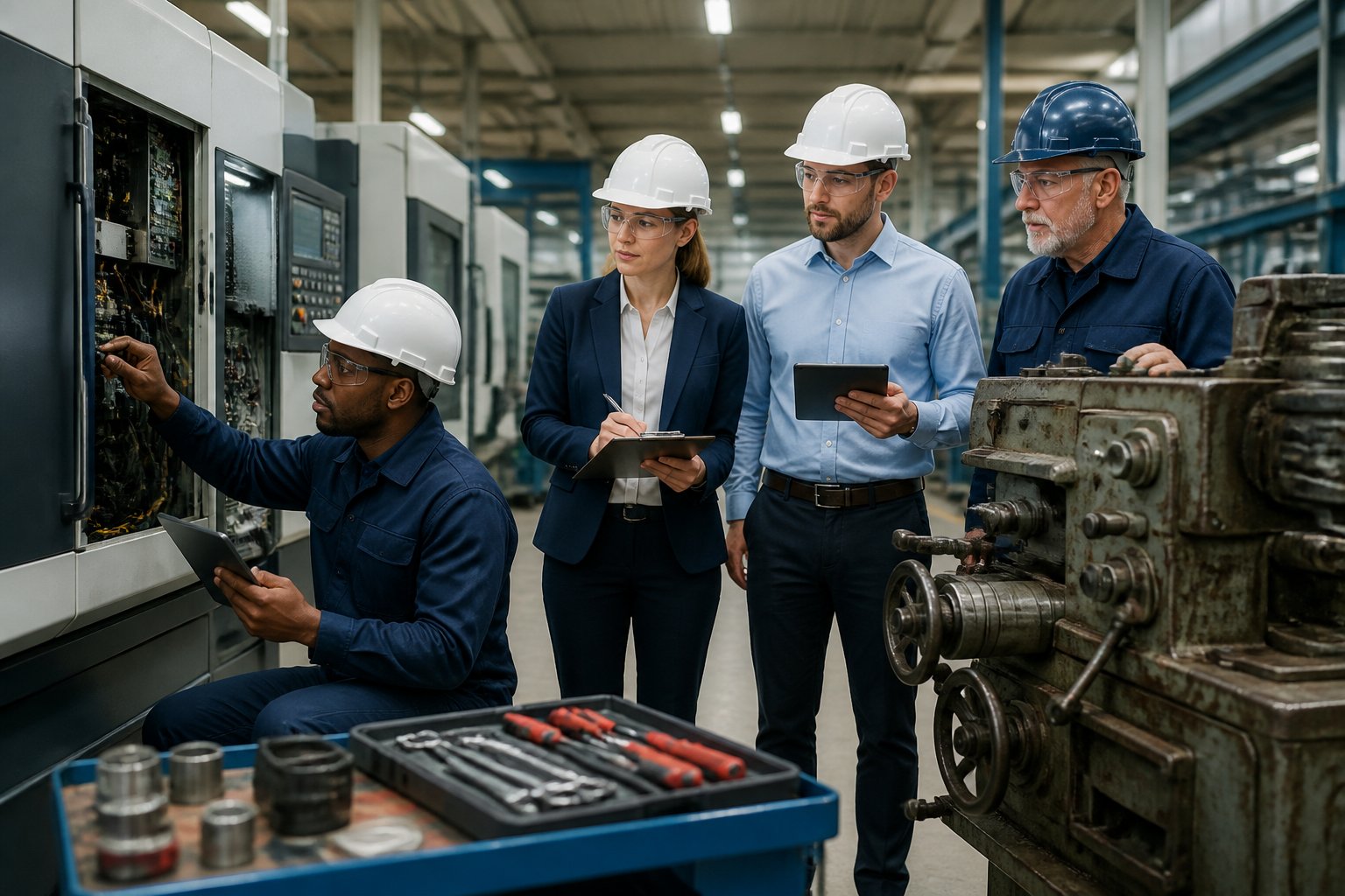 A team audits industrial machinery and production capacity in a modern manufacturing facility.