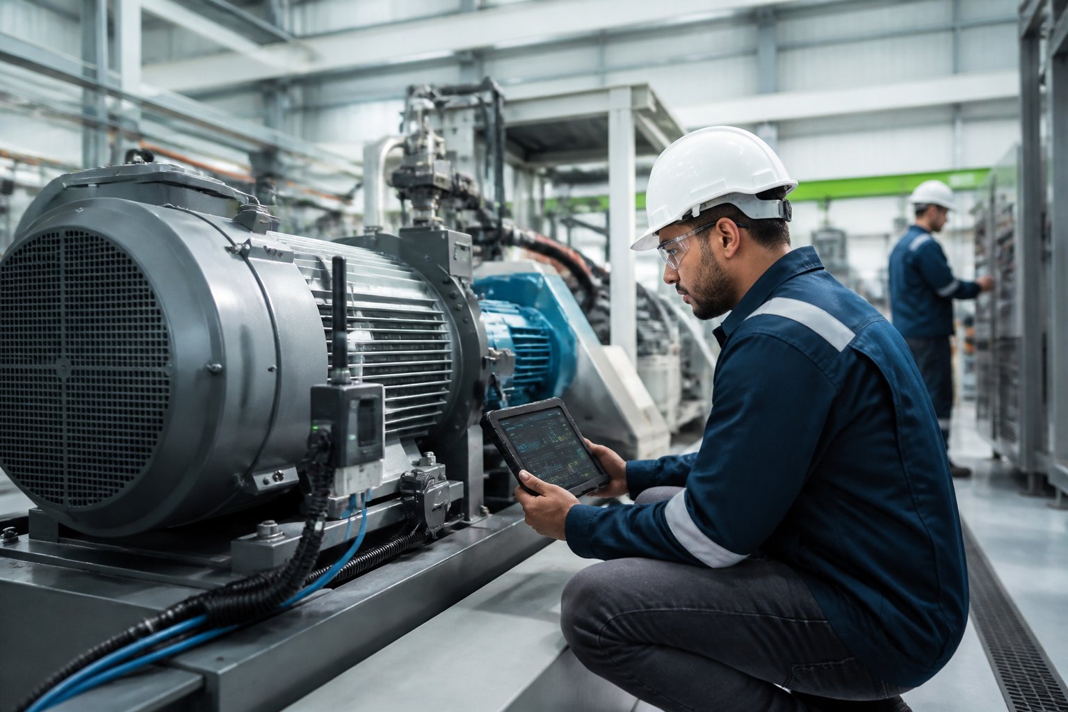 A maintenance engineer uses a tablet to inspect industrial machinery in a modern manufacturing facility.