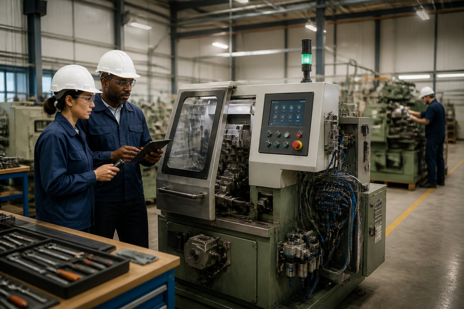 Technicians inspect an upgraded industrial machine in a modern manufacturing workshop.
