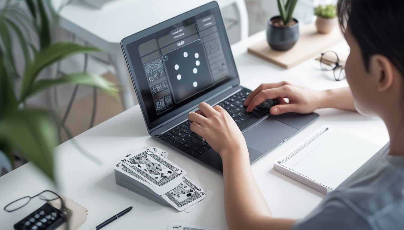 Pemula mengelompokkan kartu di meja sambil melihat antarmuka permainan kartu digital pada laptop.