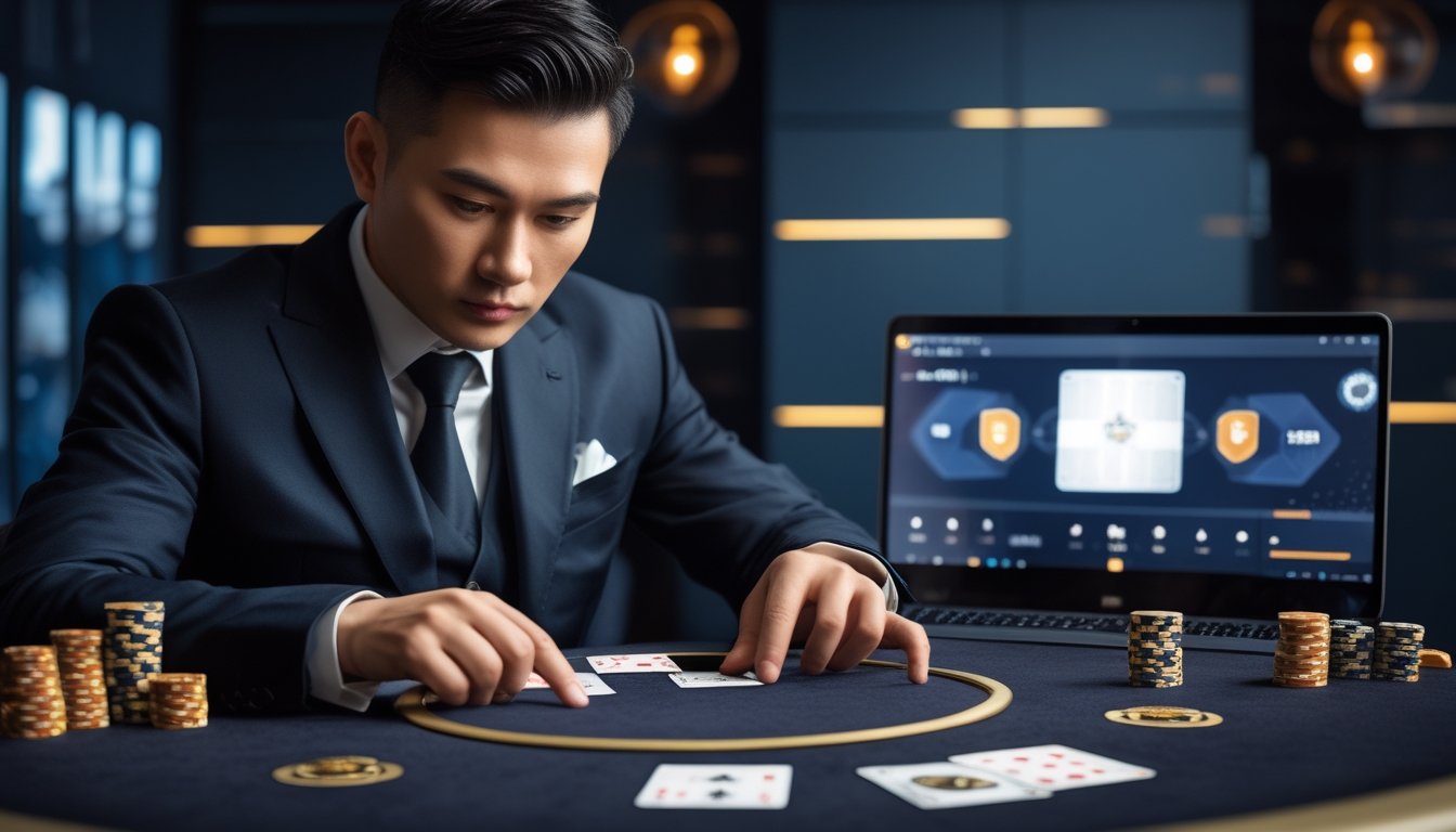 Seorang pria dewasa berperan sebagai bandar sambil mengamati kartu dan keping taruhan di meja permainan online.