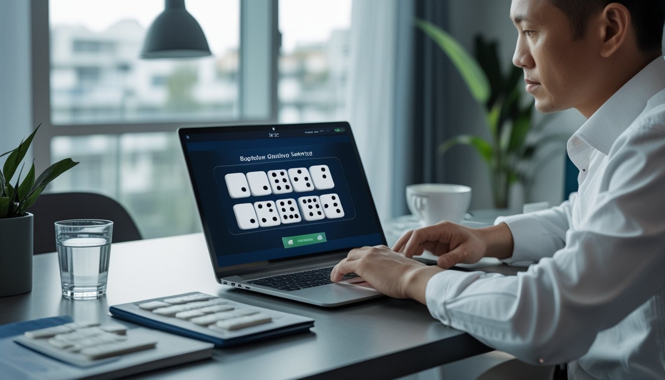 Orang dewasa memainkan permainan domino digital dengan tenang di meja kerja yang rapi.
