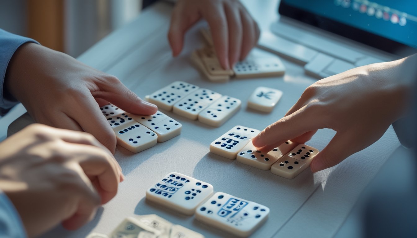 Tangan sedang menyusun kartu domino di samping perangkat yang menampilkan permainan daring.