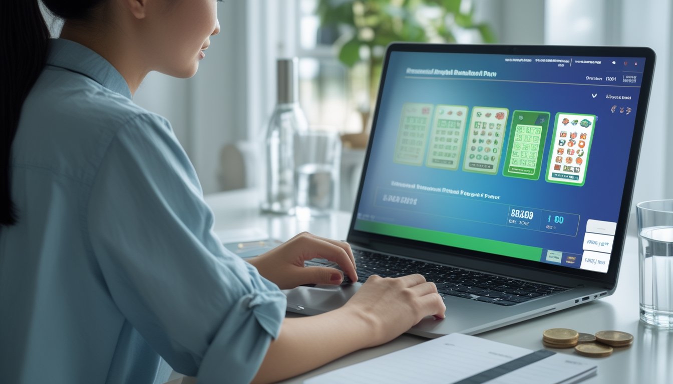 Seseorang menyusun anggaran dan mengatur modal permainan di meja kerja dengan kalkulator, koin, dan laptop.