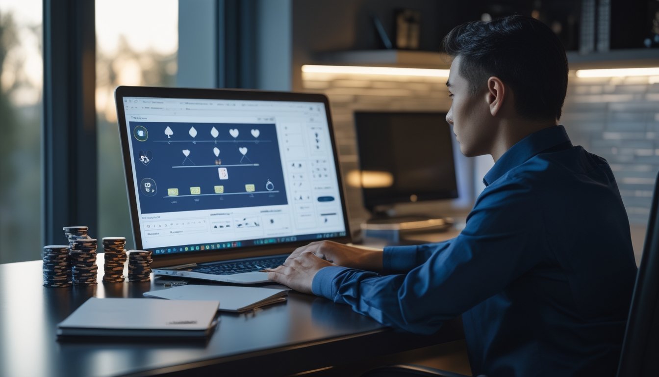 Seseorang menganalisis permainan kartu daring di laptop dengan kartu dan keping permainan di atas meja.