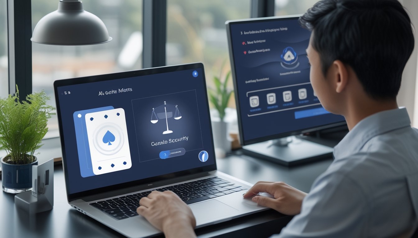 Seorang pengguna dewasa memeriksa platform permainan kartu digital dengan ikon keamanan dan transparansi di ruang kerja modern.