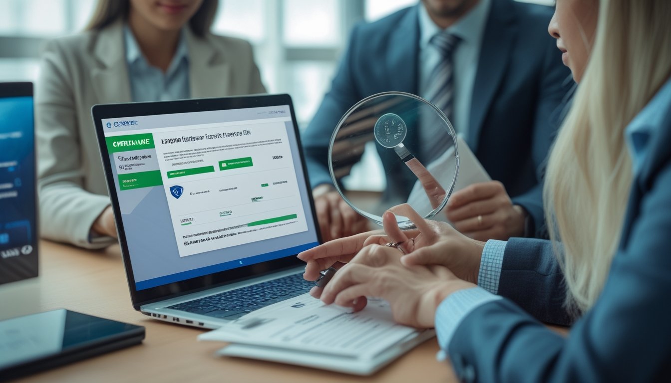 Tim kepatuhan memeriksa dokumen lisensi dan keamanan platform permainan online di kantor modern.