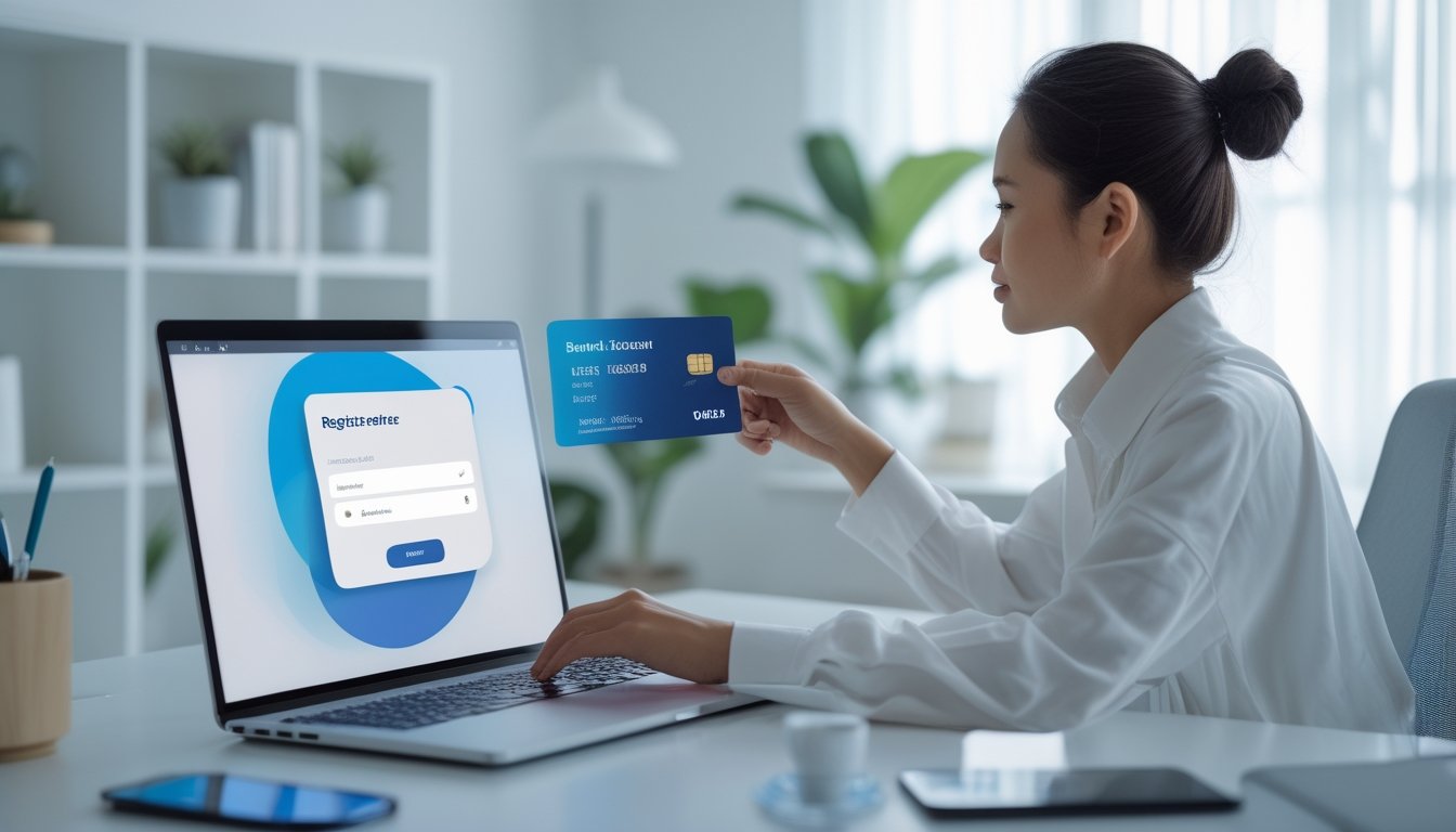 Orang dewasa mendaftarkan akun melalui laptop dengan ponsel dan kartu bank di meja kerja.