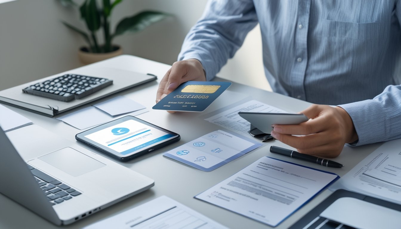 Seseorang menyiapkan dokumen identitas dan rekening bank lokal di meja kerja dengan laptop dan ponsel.