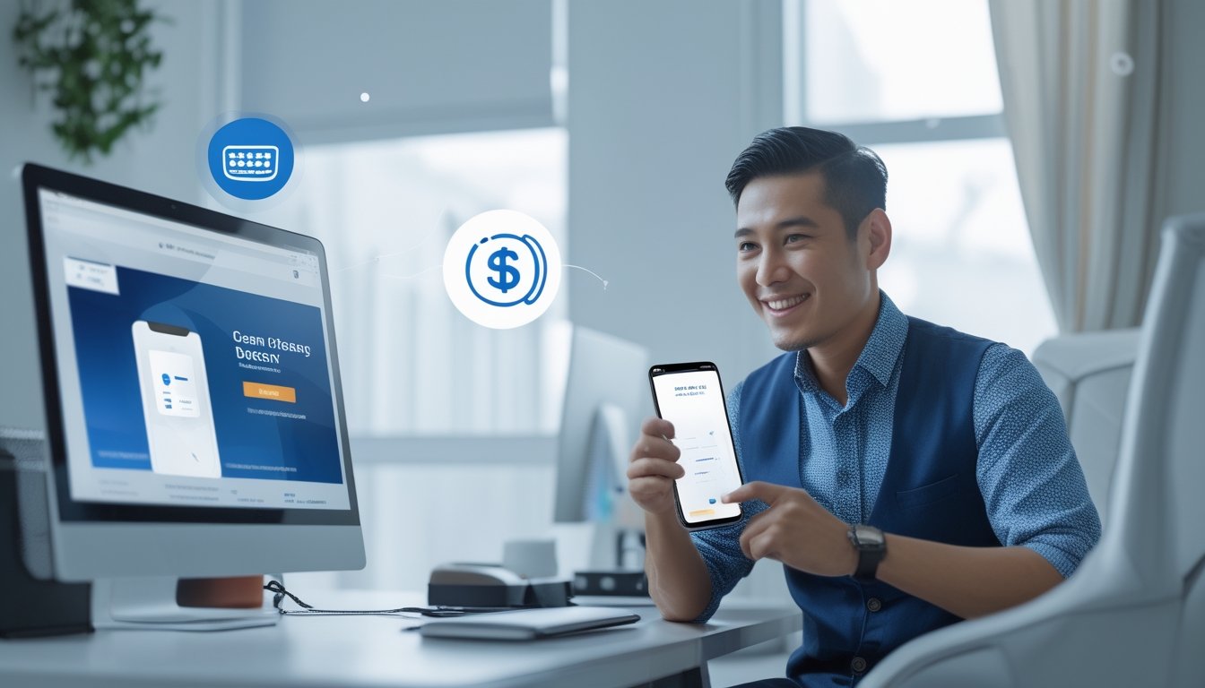 Seseorang menggunakan ponsel untuk melakukan transaksi deposit melalui dompet digital dengan simbol pembayaran yang aman dan tanpa potongan.
