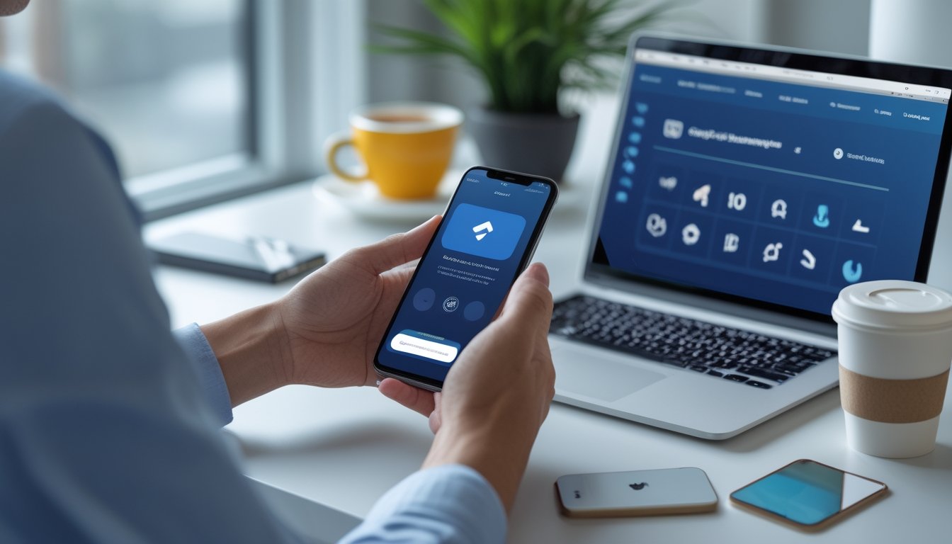 Seseorang menggunakan ponsel untuk melakukan transaksi deposit melalui dompet digital di meja kerja.