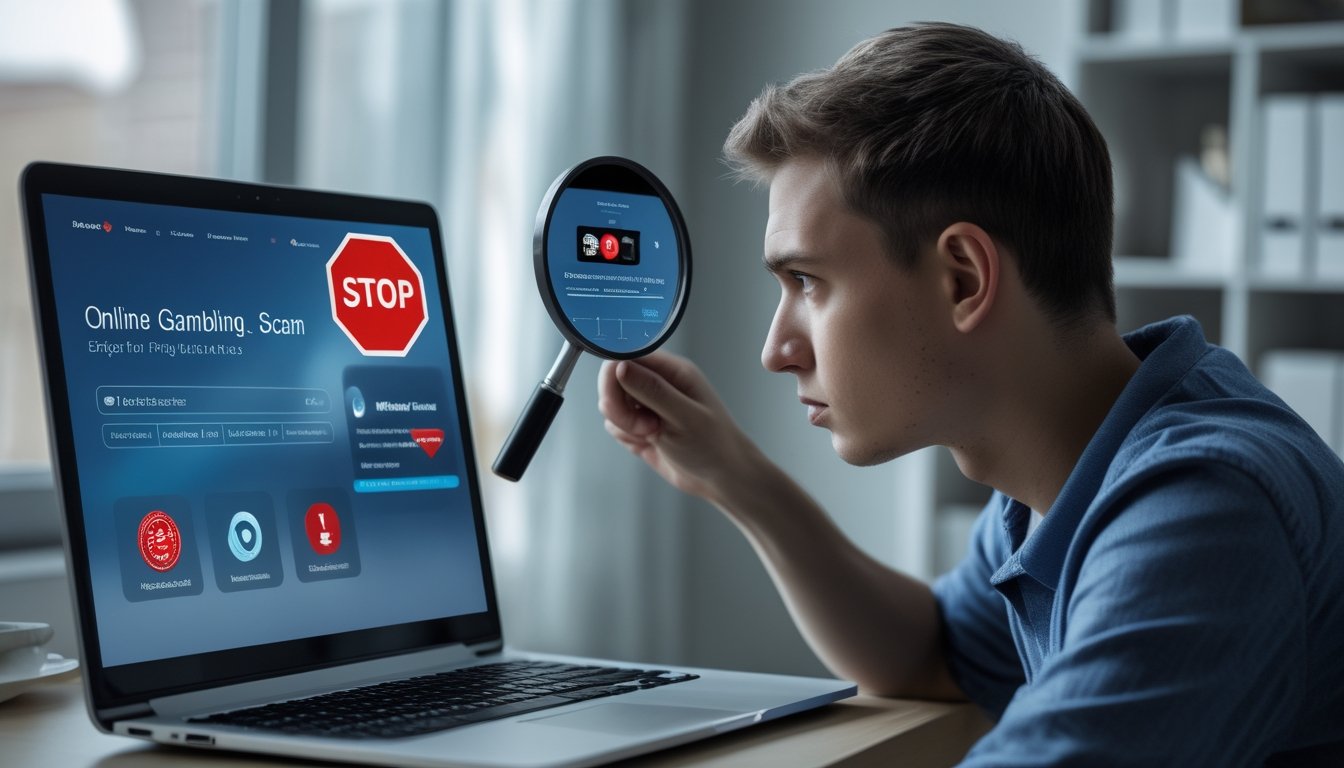 Seorang pemain baru memeriksa laptop dengan tampilan mencurigakan dan simbol peringatan penipuan daring.