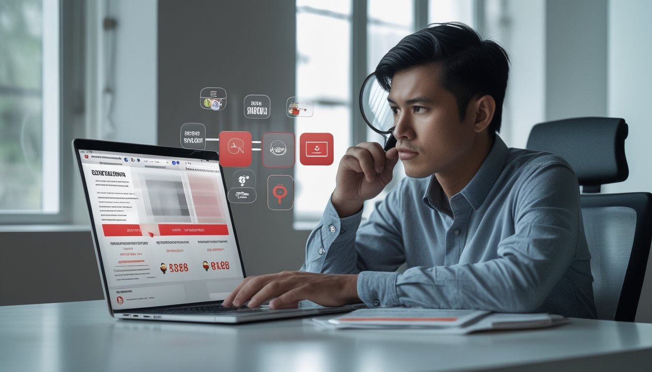 Seorang pengguna memeriksa platform permainan online yang mencurigakan dengan tanda peringatan dan dokumen verifikasi di meja.