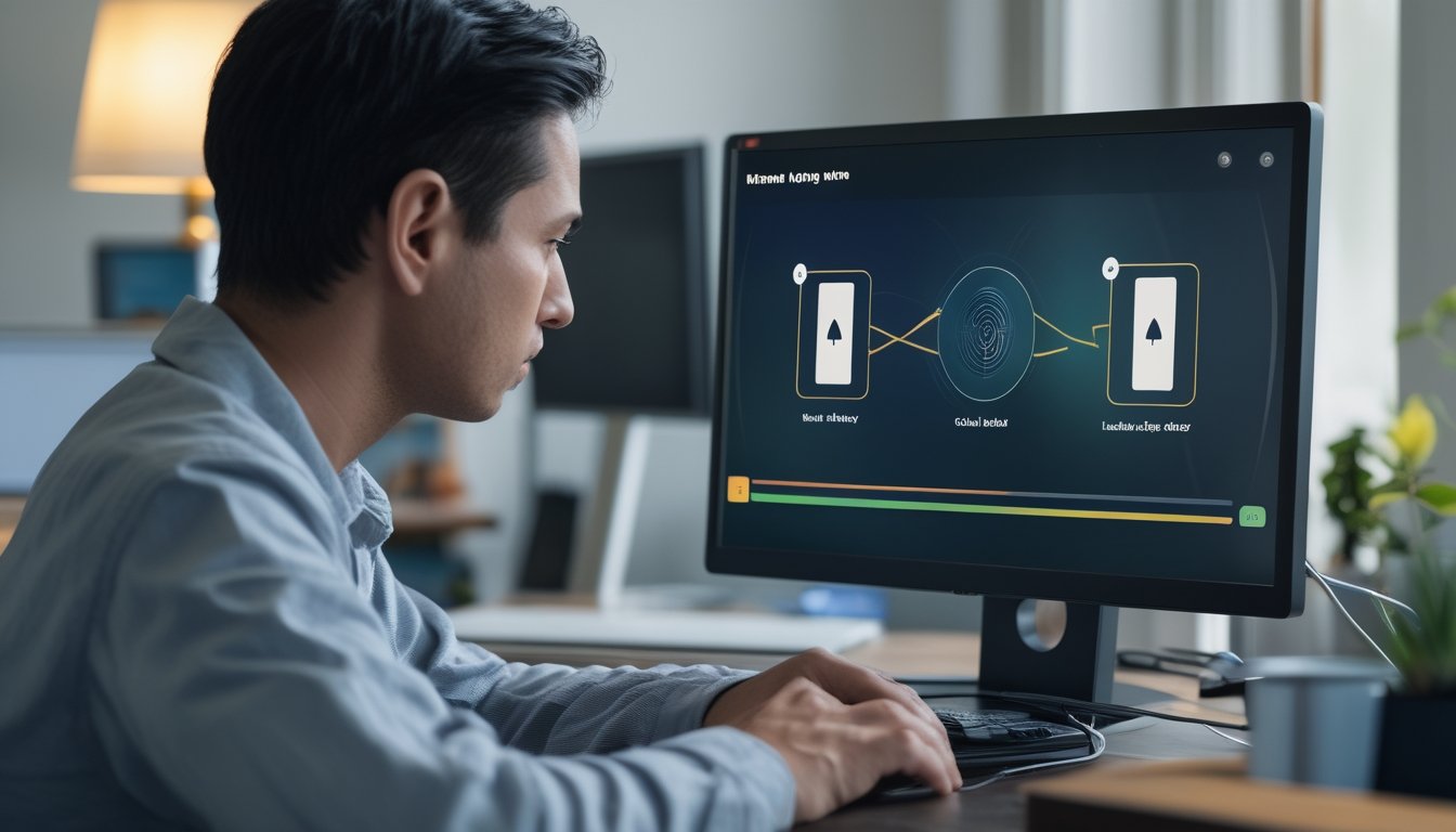 Seseorang memeriksa laptop dan router Wi-Fi saat mengalami gangguan koneksi dalam permainan kartu daring.