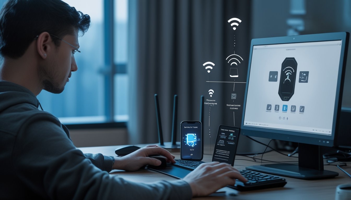Pemain memeriksa koneksi internet dan perangkat jaringan saat bermain gim kartu online di laptop.