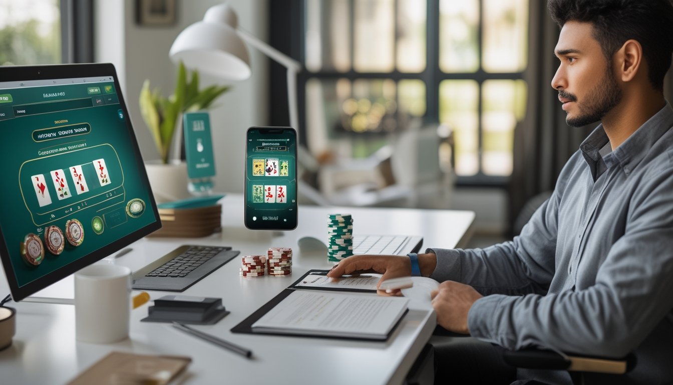 Pemula mempelajari permainan blackjack online melalui laptop dengan kartu dan keping kasino di atas meja.