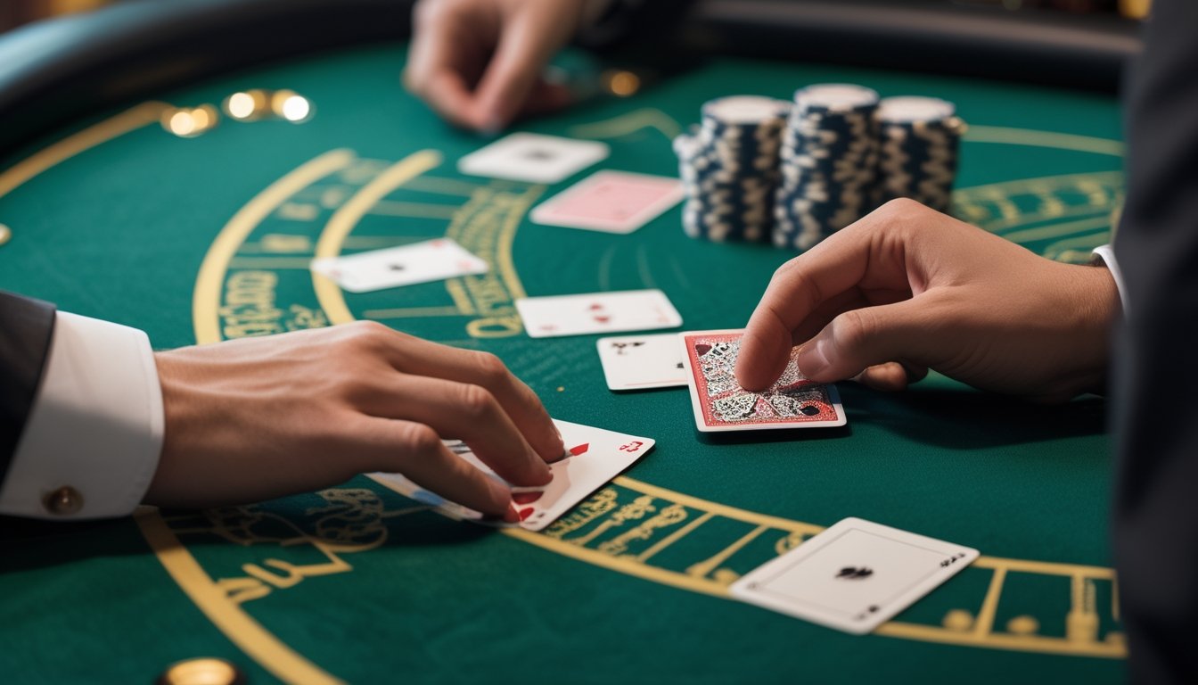 Dealer dan pemain menata kartu serta keping taruhan di meja blackjack.
