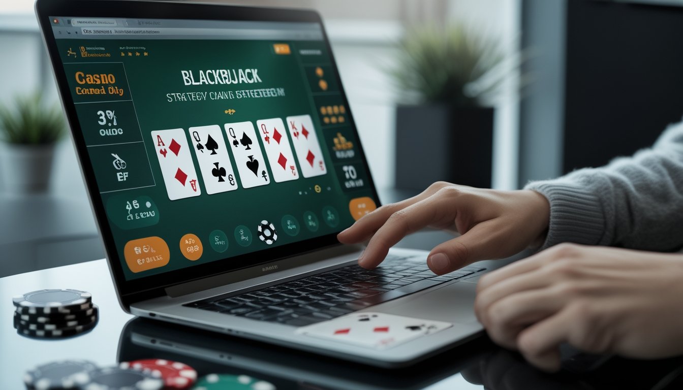 Tangan seseorang mempelajari kartu blackjack di samping laptop dan keping kasino.