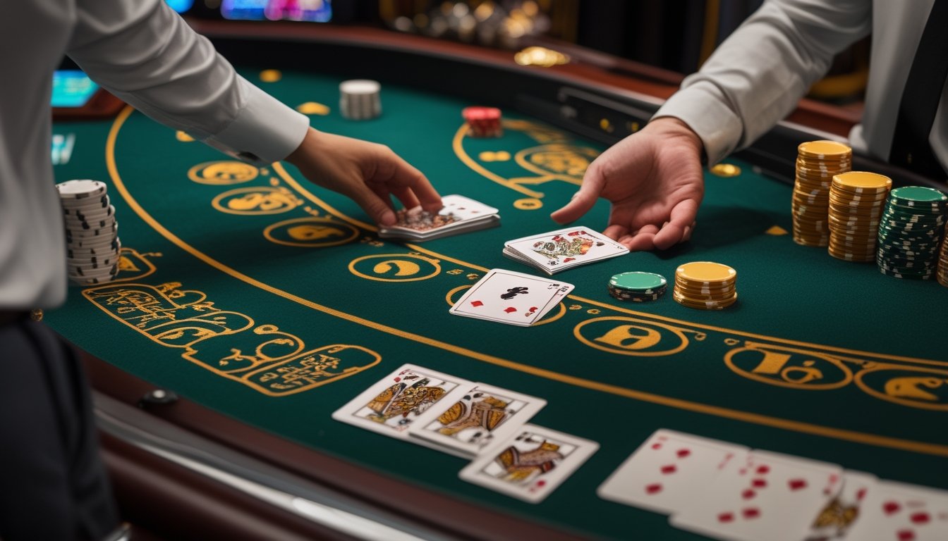 Meja blackjack dengan dealer, kartu, dan keping taruhan saat seorang pemain mempelajari kombinasi kartunya.